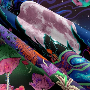Close-up of mushroom tapestry fabric showing twill texture and glowing neon prints