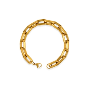 Detailed macro view of gold-plated rectangular link bracelet with lobster clasp closure