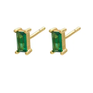 Detailed view of emerald green rectangular studs with gold plating and size measurements
