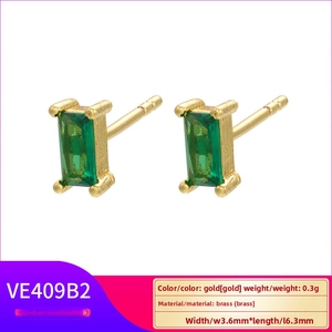 Detailed view of emerald green rectangular studs with gold plating and size measurements