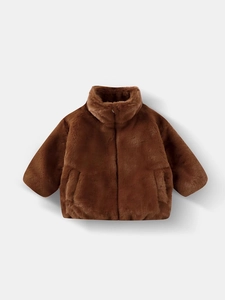 Kids warm faux rabbit fur coat in caramel brown with stand collar and thick plush texture