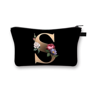 Black polyester floral dumpling cosmetic bag with golden letter S print and zipper