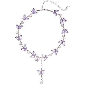 Irregular purple crystal butterfly pendant necklace with silver chain and beads