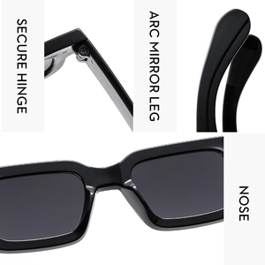 Detail view of square black sunglasses showing secure hinge, arc mirror leg and nose pads