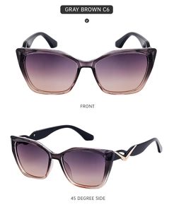 Front and side view of cat eye sunglasses with gray brown gradient lenses and metal temples