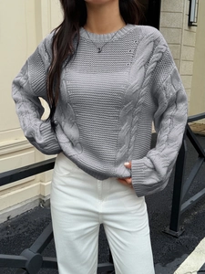 Women's casual grey cable knit long sleeve sweater in a relaxed fit for autumn