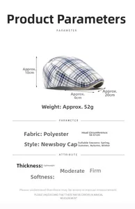 Size specifications for the blue plaid flat cap showing height, width, and brim dimensions
