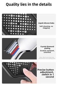 Detail of square shower head with liquid silicone nozzles and push-button mode switch