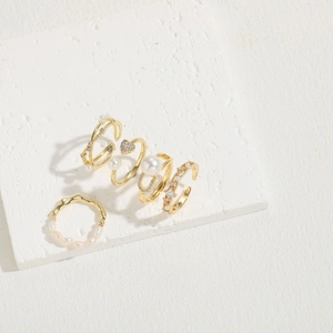 5-piece set of 14K gold plated rings with freshwater pearls and cubic zirconia stones