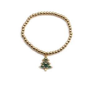 Bracciale a sfere dorate con ciondolo albero di Natale in smalto verde e zirconi colorati