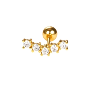 Minimalist curved gold earrings with five white zircons and screw ball backings