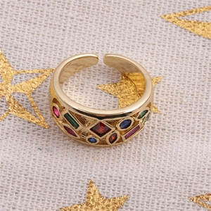 Exaggerated hip-hop style gold alloy ring with colorful rhinestones for men and women