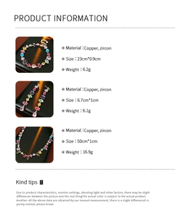 Detailed spec sheet for colorful zircon jewelry set showing necklace and earring sizes