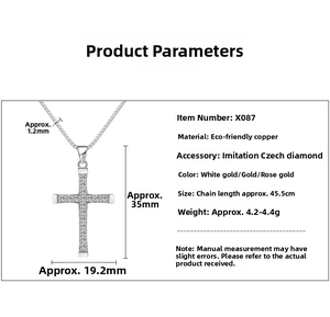 Detailed size chart for a hip-hop cross pendant set with Czech rhinestones in three colors