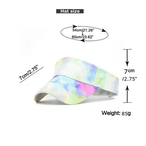 Detailed size chart for tie-dye sun visor hat with measurements for brim and circumference