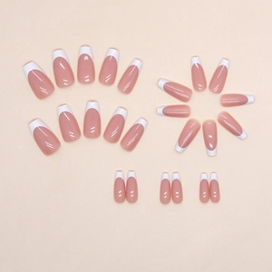Classic white French tip press-on nails in nude pink coffin shape, 24-piece full set