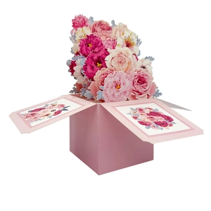 3D pop-up birthday card featuring a detailed bouquet of pink roses and carnations