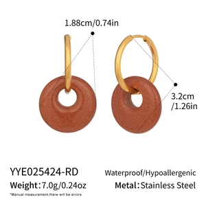Detail view of hoop earrings with brown stone charms showing size and weight specs