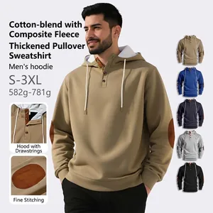 Sweat À Capuche Homme Henley Col Avec Boutons Coudières Décontracté Manches Longues Polaire Sport Hauts