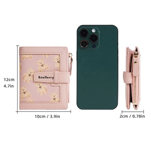 Pink bear pattern wallet size guide showing dimensions 12cm x 10cm x 2cm on white background