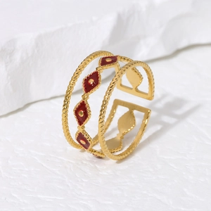 Three-layer gold stainless steel open ring with burgundy enamel rhombic accents