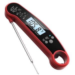 Red digital folding meat thermometer with stainless steel probe for kitchen cooking BBQ