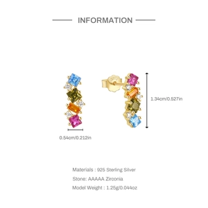 Detail view of S925 silver earrings with colorful cubic zirconia and size specifications