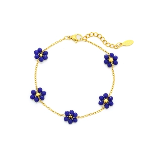 Golden stainless steel chain bracelet with blue crystal flower charms for men and women