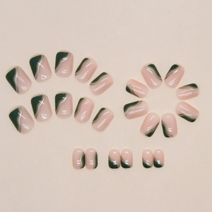 Short square emerald green marble press-on nails with gold foil and nude pink accents