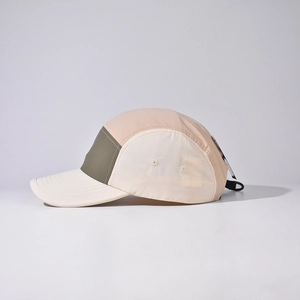 Professional side view of a Japanese style five-panel outdoor camp cap with short brim