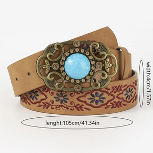 Detailed view of brown embroidery belt with turquoise buckle, 4cm width and 105cm length