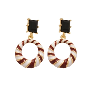 Vintage gold drop earrings with black faux gemstone and colorful enamel hoop pendants