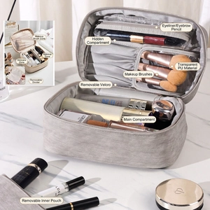 Large capacity grey PU cosmetic bag with functional compartments and brush slots