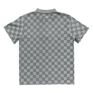 Detailed back view of a grey checkered pattern polo shirt with high quality knit texture