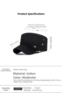 Size chart for flat top cotton cap showing adjustable strap and breathable metal eyelets