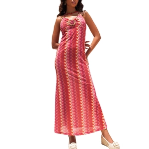 Striped halter neck maxi dress with red wave print and neck ring detail for beach vacation