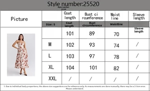 Size chart detail for floral backless midi dress with chest and waist measurements
