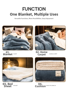 Detail view showing four functional uses of the thickened plush blanket in blue and beige