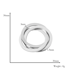 Polished stainless steel interlocking triple ring pendant with 30mm diameter measurements