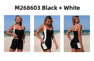 Two-piece black tankini swimsuit detail showing side pocket functionality on shorts