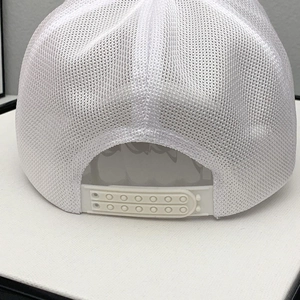 Rear view of white mesh baseball cap featuring a breathable design and adjustable plastic buckle