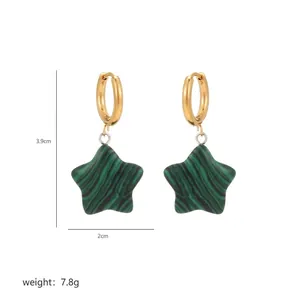 Detailed view of star-shaped malachite drop earrings with dimensions 3.9cm by 2cm