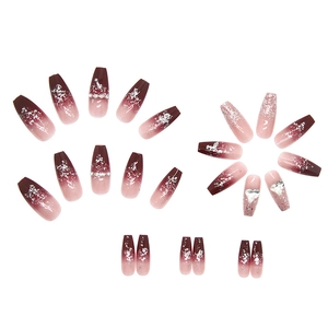Long coffin burgundy gradient press-on nails with silver foil and heart rhinestones