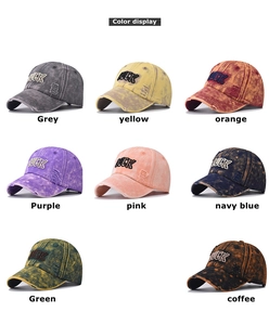 Matrix display of eight colors for retro distressed denim baseball caps with Luck embroidery