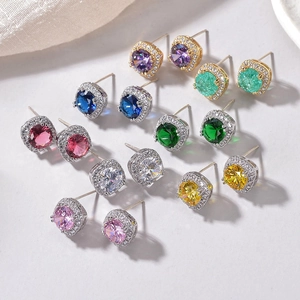 Pendientes De Botón Halo Con Circonita Corte Redondo Cobre Plateado Y Silver Earring Post Joyería De Moda Para Mujer Elegante