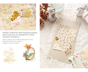 Macro shot of vintage floral stickers with roses and butterflies on a lace background