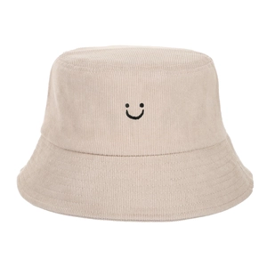 Chapeau bob en velours côtelé beige avec un motif de smiley noir brodé sur le devant
