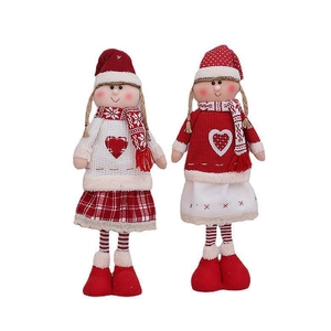 Knitted Christmas girl dolls with long legs and festive red heart sweaters in set of two