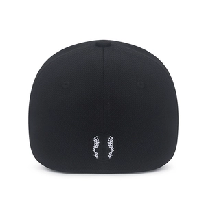 Black stretch fit baseball cap back view with white baseball stitch embroidery detail