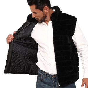 Men's black faux fur vest with stand collar and quilted lining shown from side view